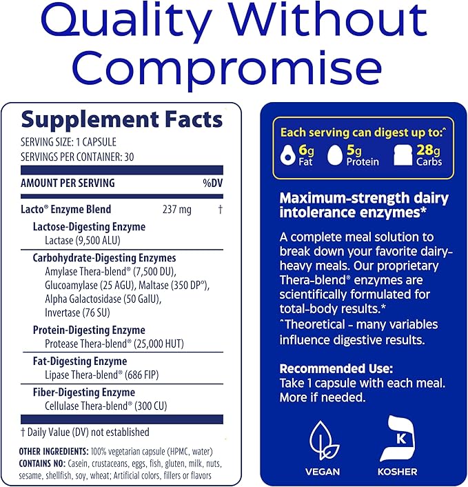 Enzymedica Lacto, Advanced Lactase Pills for Dairy Support, Helps Break Down Lactose, Casein & Fat, Dairy Relief Pills, Vegan, 30 Capsules