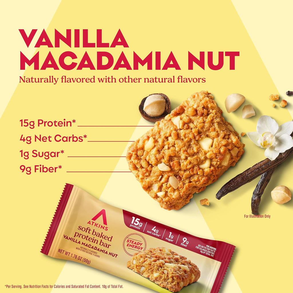 Atkins Soft Baked High Protein Bars, Vanilla Macadamia Nut Flavor, 15g Protein, 4g Net Carbs, 2g Sugar, Keto Snacks, Low Sugar Bars, High Fiber Snacks, 6 pack (4 bars each)
