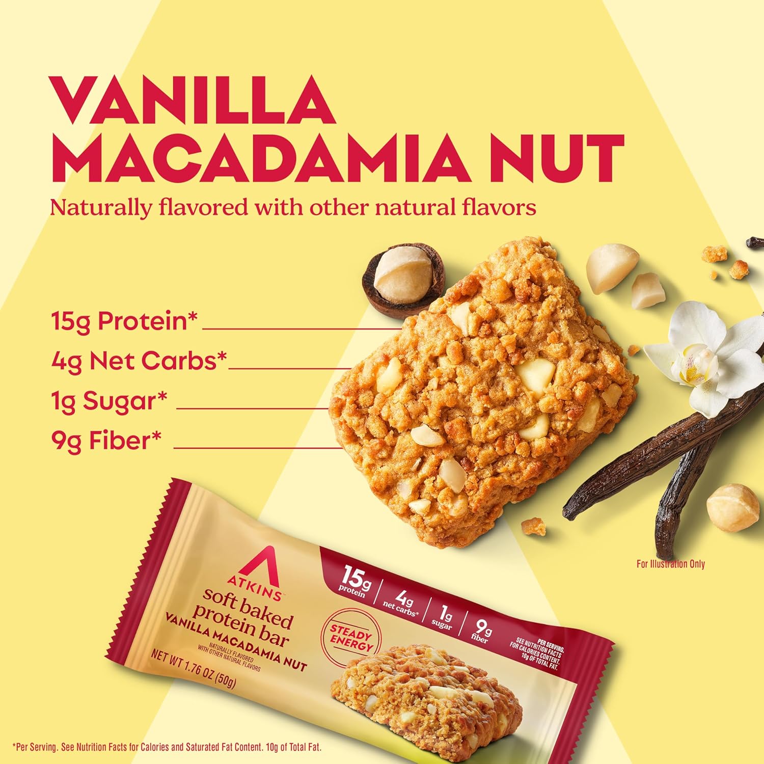 Atkins Soft Baked High Protein Bars, Vanilla Macadamia Nut Flavor, 15g Protein, 4g Net Carbs, 2g Sugar, Keto Snacks, Low Sugar Bars, High Fiber Snacks, 6 pack (4 bars each)