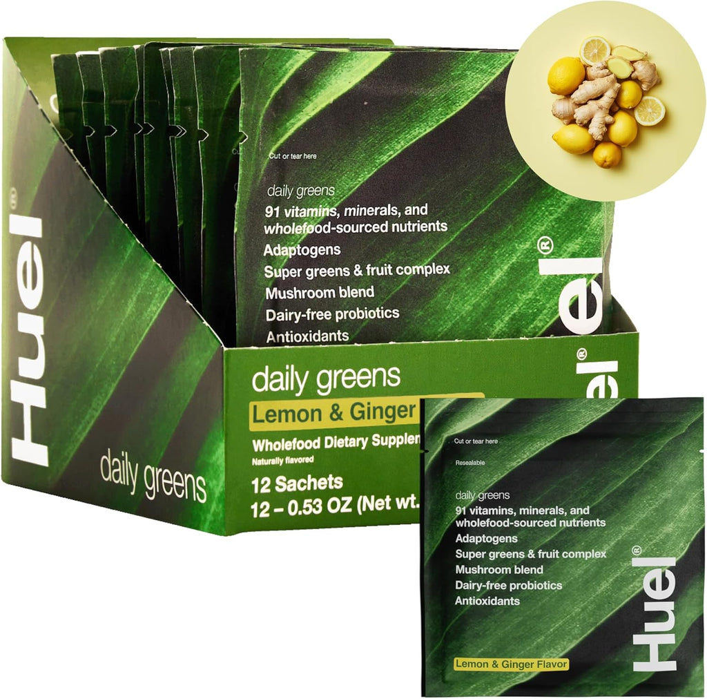 Huel Daily Greens Single Serve Lemon and Ginger | Superfood Greens Powder | 91 Vitamins, Minerals, and Wholefood-Sourced Ingredients | Adaptogens, Antioxidants, Gut-Friendly Probiotics | 12 Pack
