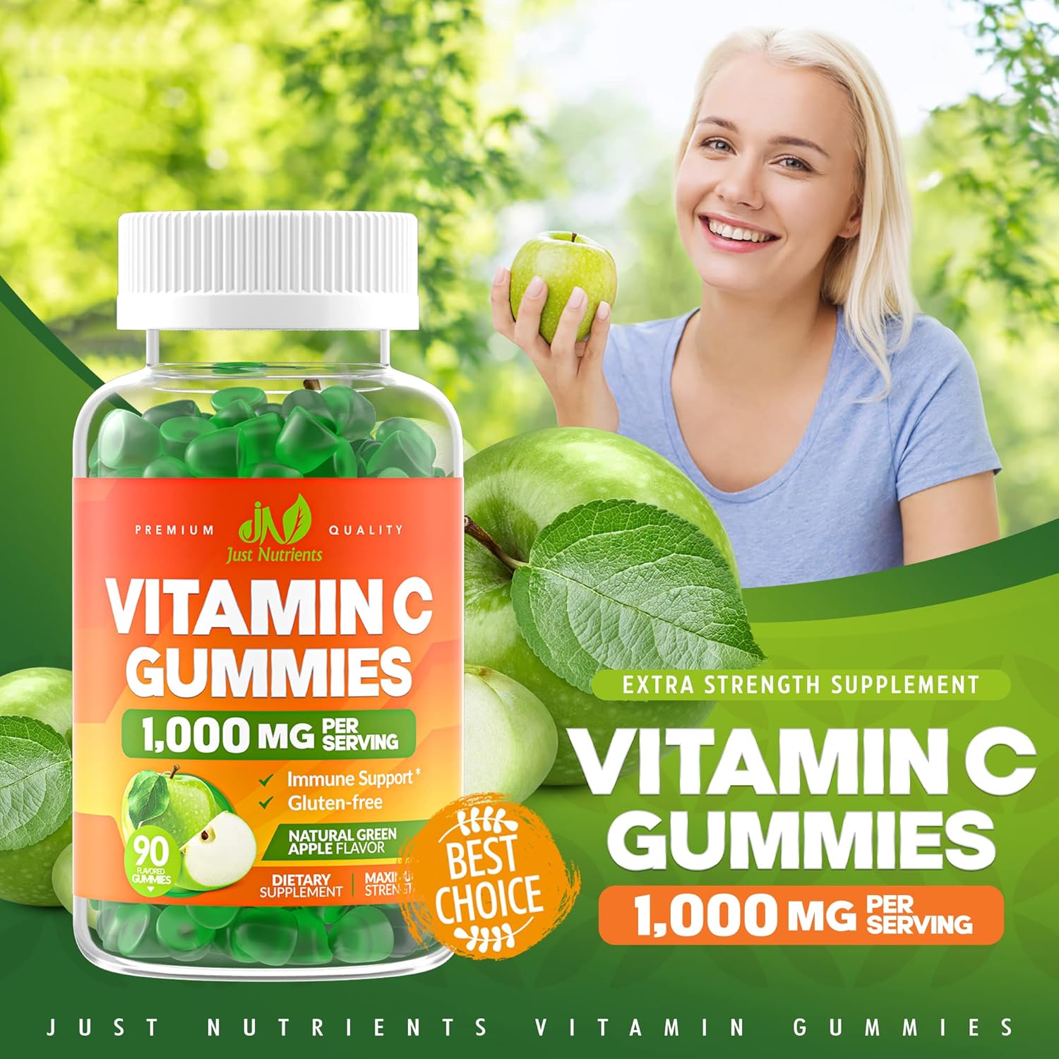 Vitamin C Gummies 1000mg for Adults & Kids - Maximum Strength Chewable Immune Support, Collagen Support - Sour Green Apple Flavor - Gluten Free, Non-GMO, Vegetarian - 90 Gummies (30 Servings)