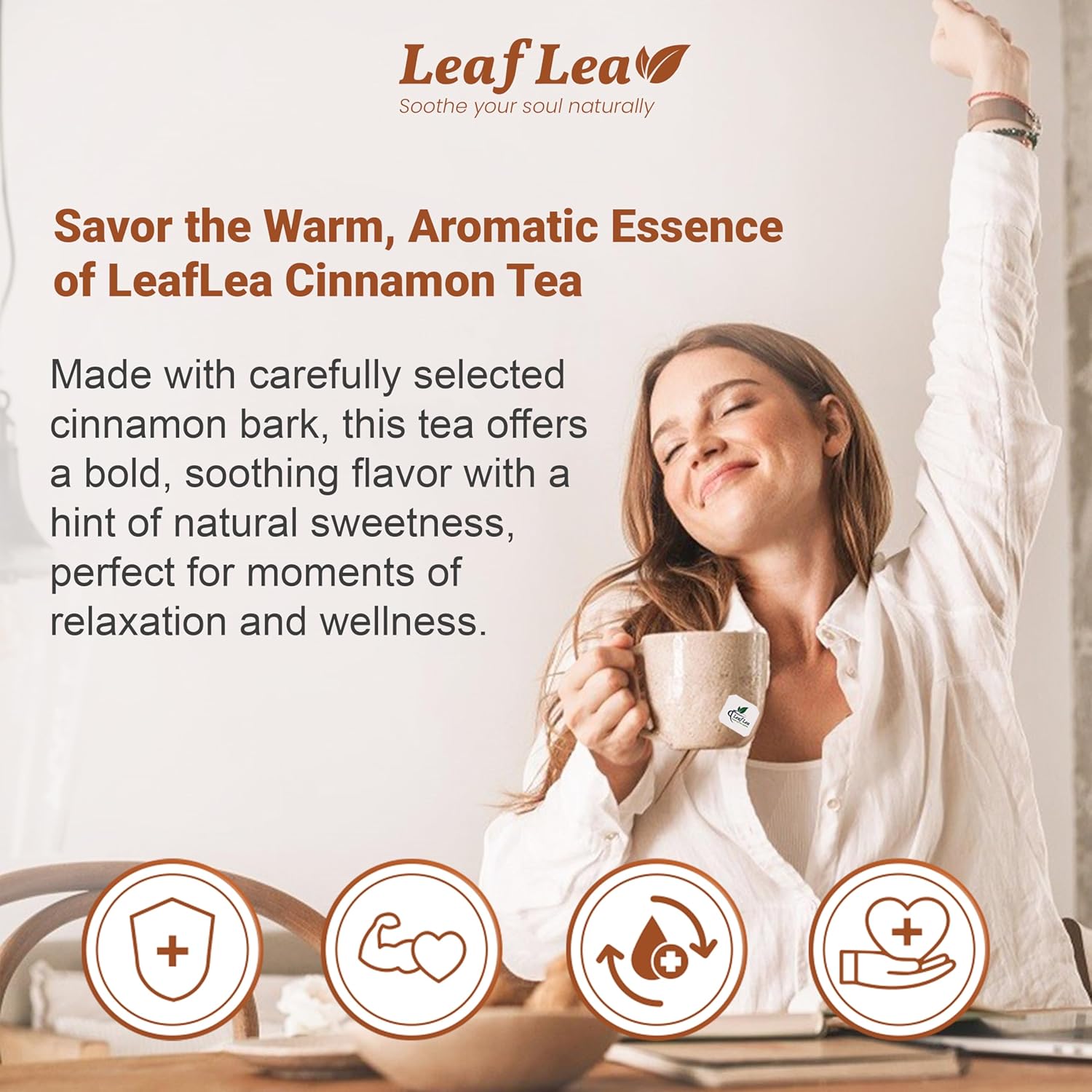 LeafLea 40 Cinnamon Tea Bags, 100% Natural Ground Cinnamon Stick Herbal Tea, Spiced and Warming Flavor for Relaxation, Caffeine-Free, Sugar-Free, Non-GMO, Vegan