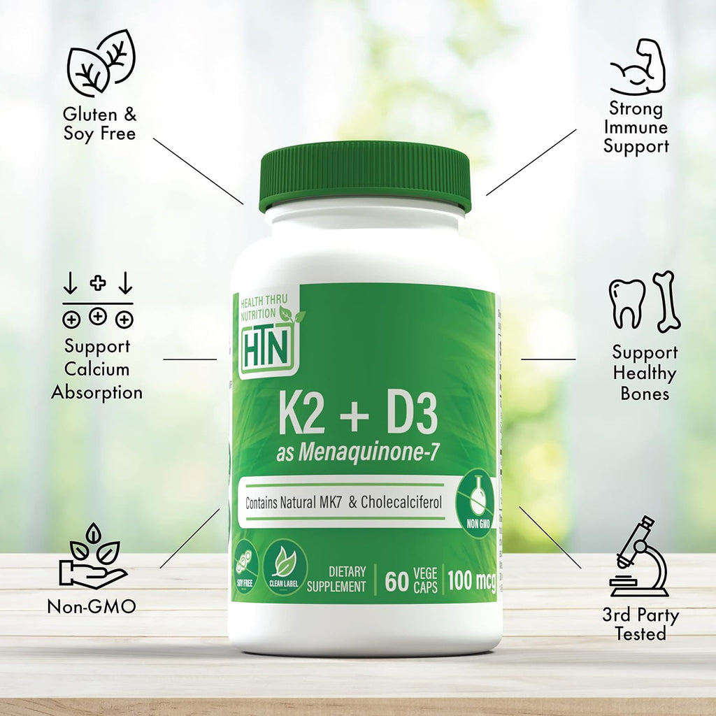 Health Thru Nutrition K2 + D3 Complex | K2 100mcg as MenaQ7 Menaquinone 7 MK7 & D3 1,000iu | 3rd Party Tested | Non-GMO (Pack of 60)