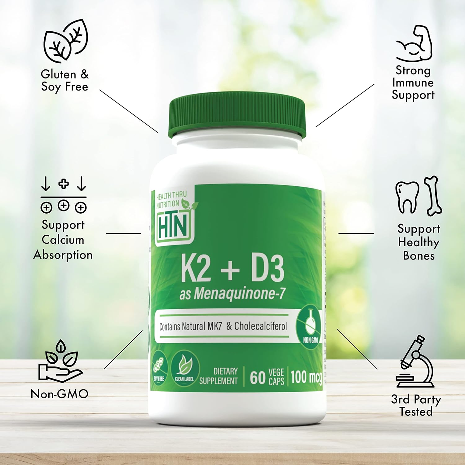 Health Thru Nutrition K2 + D3 Complex | K2 100mcg as MenaQ7 Menaquinone 7 MK7 & D3 1,000iu | 3rd Party Tested | Non-GMO (Pack of 60)