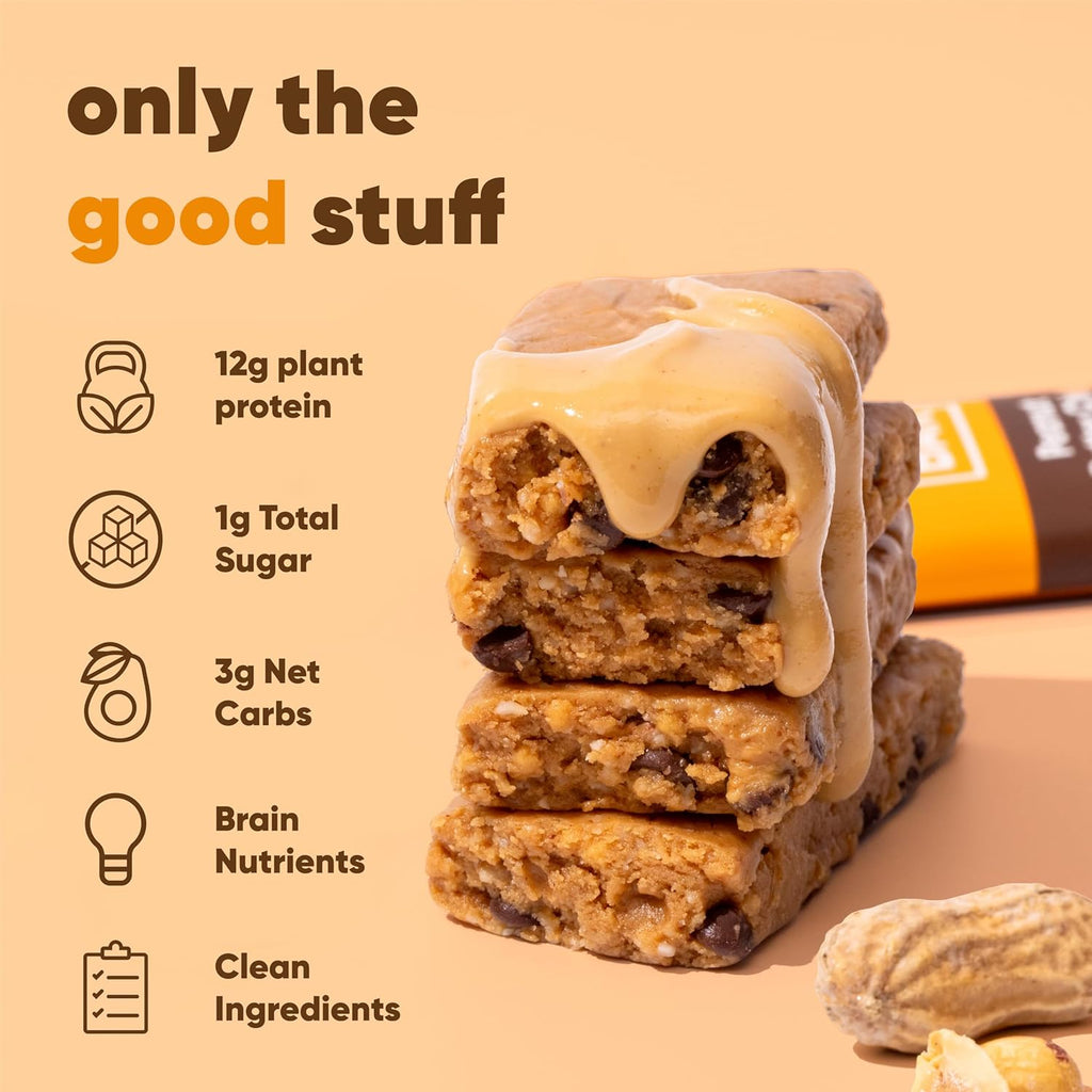 IQBAR Brain and Body Plant Protein Bars - Peanut Butter Chip - 24-Count - Keto, Vegan, Low Carb, High Fiber, Gluten Free, Dairy Free, Low Sugar Snack with Nutrients for Focus, Energy, Meal Replacement