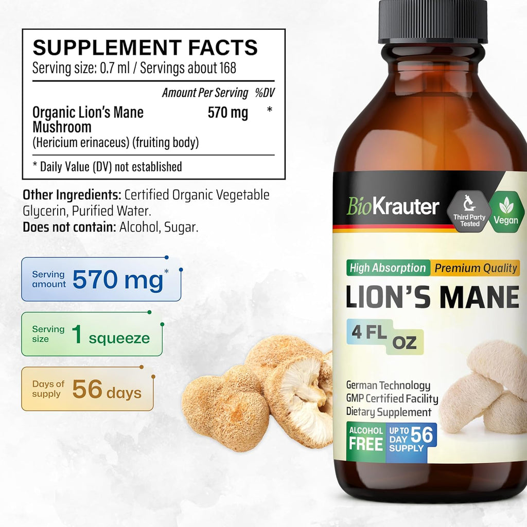BIO KRAUTER Lions Mane Liquid Extract - Mushroom Supplement for Brain Support - Vegan Lions Mane Supplement - Alcohol & Sugar Free Drops - 4 Fl.Oz.