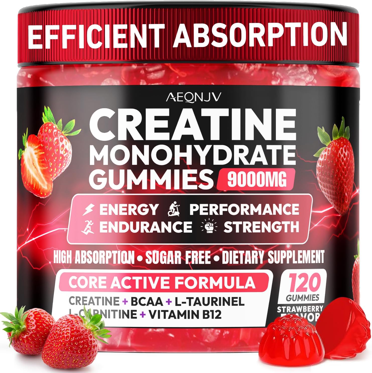 Creatine Gummies Monohydrate Complex 9000MG, Chewable Creatine Monohydrate Gummies for Men & Women with L-Taurine, BCAA 2:1, B12/6, Building Muscle Strength and Boost Focus, 30 Days Supply