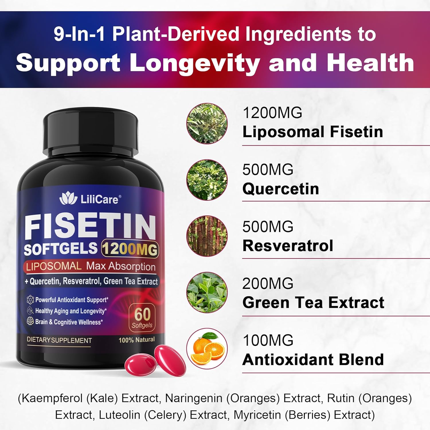 Fisetin Supplement - Liposomal Super Absorption 98% Pure 1200mg with Quercetin, Resveratrol, Green Tea Extract for Healthy Aging & Longevity, Skin Health, Brain & Antioxidant - 60 Softgels
