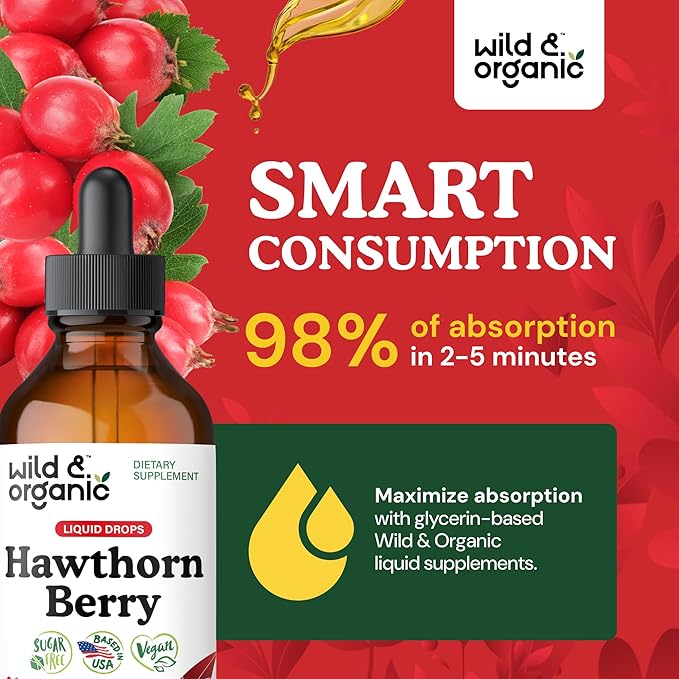 Wild & Organic Hawthorn Berry Tincture 600 mg - Liquid Hawthorne Berry Supplement for Overall Support - Vegan, Sugar & Alcohol-Free Fruit Extract Drops - 4 fl oz
