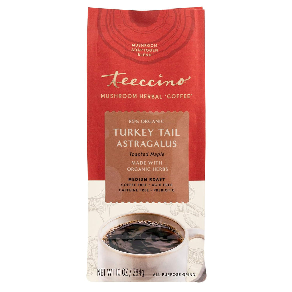 Teeccino Turkey Tail Astragalus Coffee Alternative - Toasted Maple - Adaptogenic Herbal Mushroom Coffee, Medium Roast, Caffeine Free, Prebiotic, Acid Free, All-Purpose Grind - 10 Oz