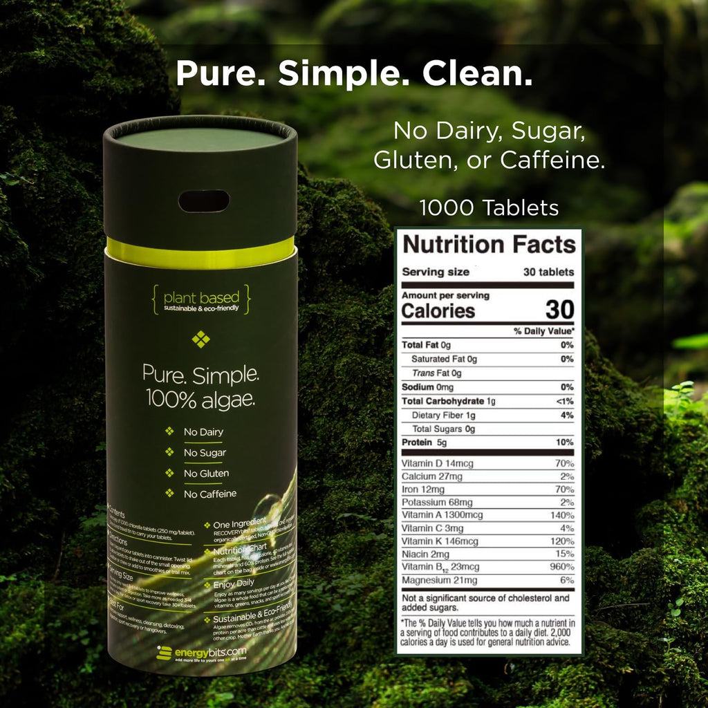 RECOVERYbits - Organic Chlorella Tablets - Plant-Based Algae Superfood - Chlorophyll - Cracked Cell Wall - Energy - Immune System - Detox - Keto - Vegan - Non-GMO - Large Canister - 1000 Tablets