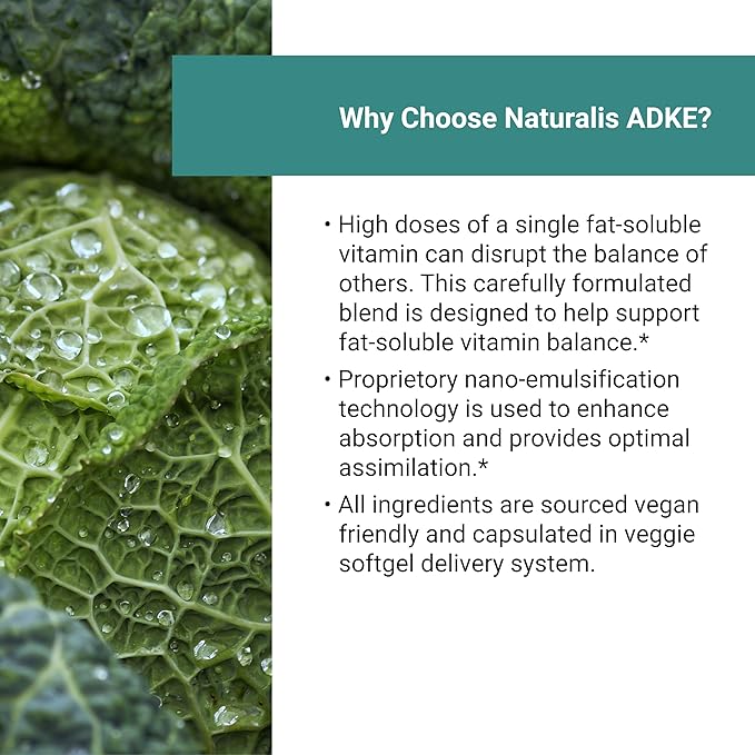 Naturalis Vegan Vitamin ADK with 50mg Tocotrienol and CoQ-10 | Nano-Emulsified in EVOO for Better Absoprtion | Non-GMO, Soy Free and Vegan Society Certified | 60 Veggie Softgels (Carrageenan Free)