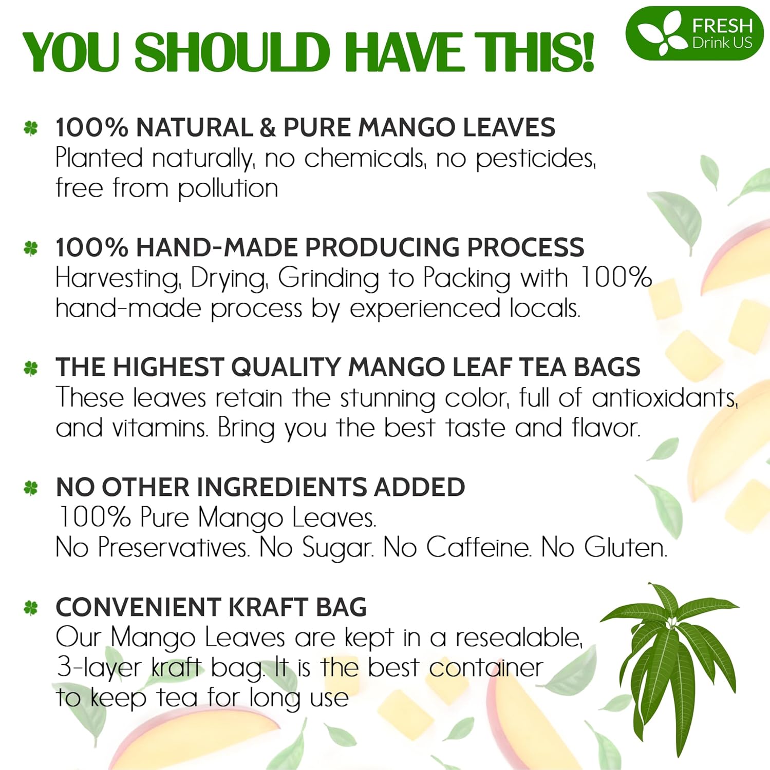 FreshDrinkUS, Premium 140+ Mango Whole Leaves Dried, 100% Natural & Pure from Dried Mango Leaves, Mango Leaf Tea, No Additives, No Caffeine, Vegan