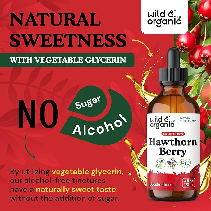 Wild & Organic Hawthorn Berry Tincture 600 mg - Liquid Hawthorne Berry Supplement for Overall Support - Vegan, Sugar & Alcohol-Free Fruit Extract Drops - 4 fl oz