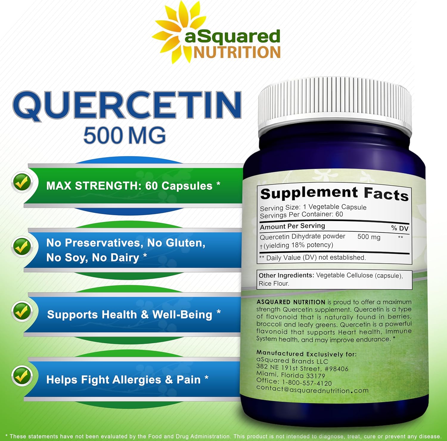 aSquared Nutrition Quercetin 500mg Supplement - 60 Capsules - Quercitin Dihydrate Powder Complex Pills to Support Immune Response & Cardiovascular Health - Pure & Max Strength