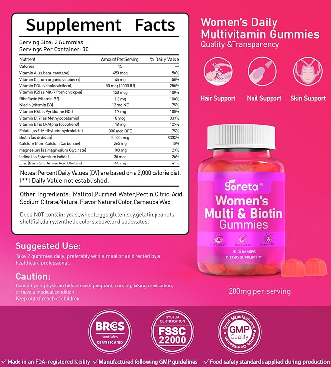 Women’s Multivitamin Gummies with Biotin 2,500 mcg – 15 Key Nutrients, Sugar-Free Mixed Berry, Pectin-Based, 60 Count