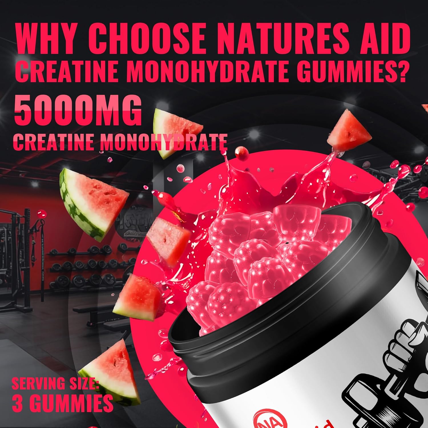 Natures Aid Creatine Monohydrate Gummies (5g) – Pre-Workout Energy & Muscle Growth Support for Men & Women | Watermelon Electrolyte Gummies (135 Count)