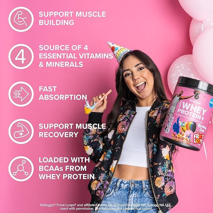 Six Star Whey Protein Powder Plus | Muscle Building & Recovery Plus Immune Support | Muscle Builder for Men & Women | Kellogg’s Froot Loops Birthday Cake Flavor | 1.5lb