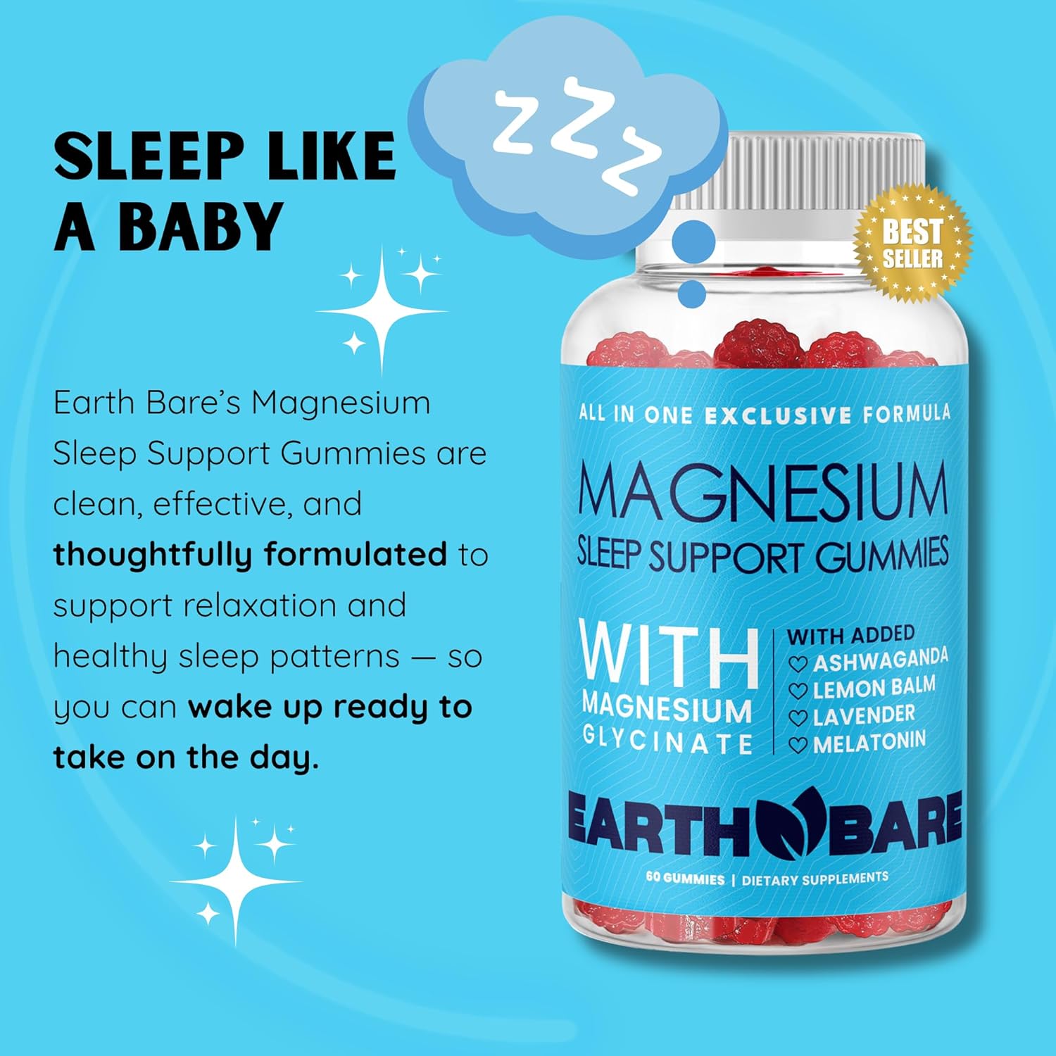 Sleep Gummies with Magnesium Glycinate, Melatonin, Ashwagandha, and Lavender – Extra Strength Sleep Support Gummies, Magnesium and Melatonin Supplement, 120 Count, 2 Month Supply