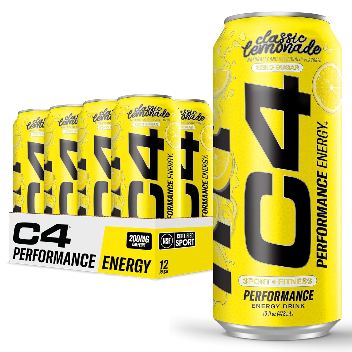 Cellucor C4 Energy Drink, Lemonade Limited Edition Carbonated, Sugar Free Pre Workout Performance Drink with no Artificial Colors or Dyes, 16oz Pack of 12