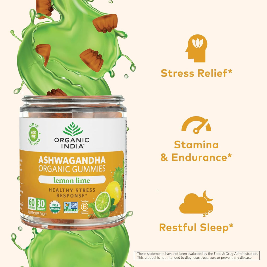 ORGANIC INDIA Ashwagandha Gummies for Men & Women - Stress Supplement, KSM-66 Ashwagandha Root, Extra Strength, Calm Chews, Vegan, Non-GMO - Lemon Lime, 60 Gummies