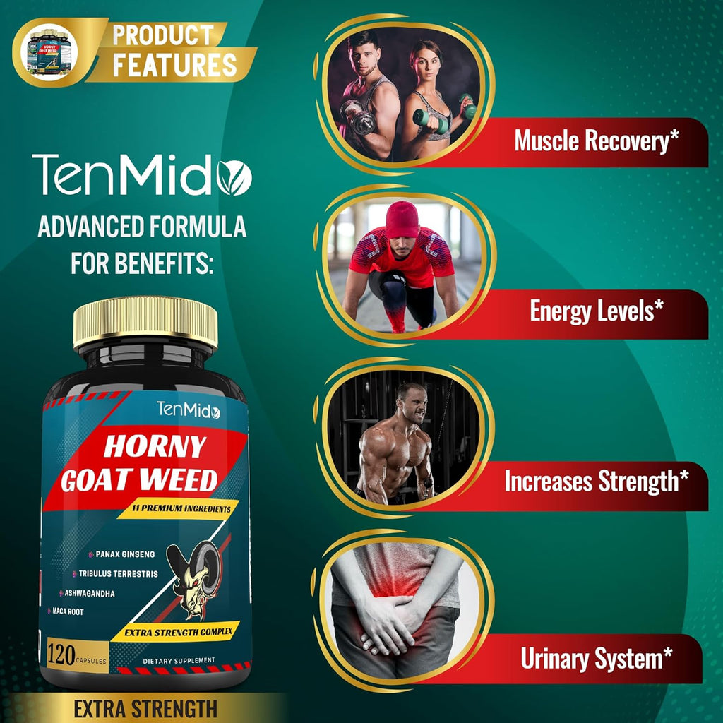 Horny Goat Weed Capsules & Ginseng, Tribulus, Ashwagandha, Maca, Tongkat and More - 120caps