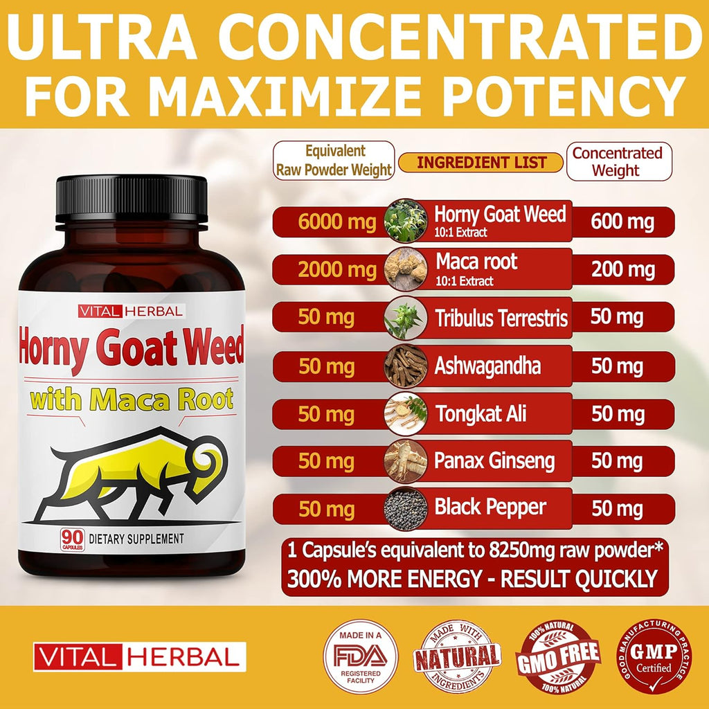 Vital Herbal Horny Goat Weed Capsules for Maximum Strength with Maca Root Tribulus Ashwagandha Tongkat Ali Panax Ginseng for Men Women, Boost Energy (90 Count (Pack of 1))