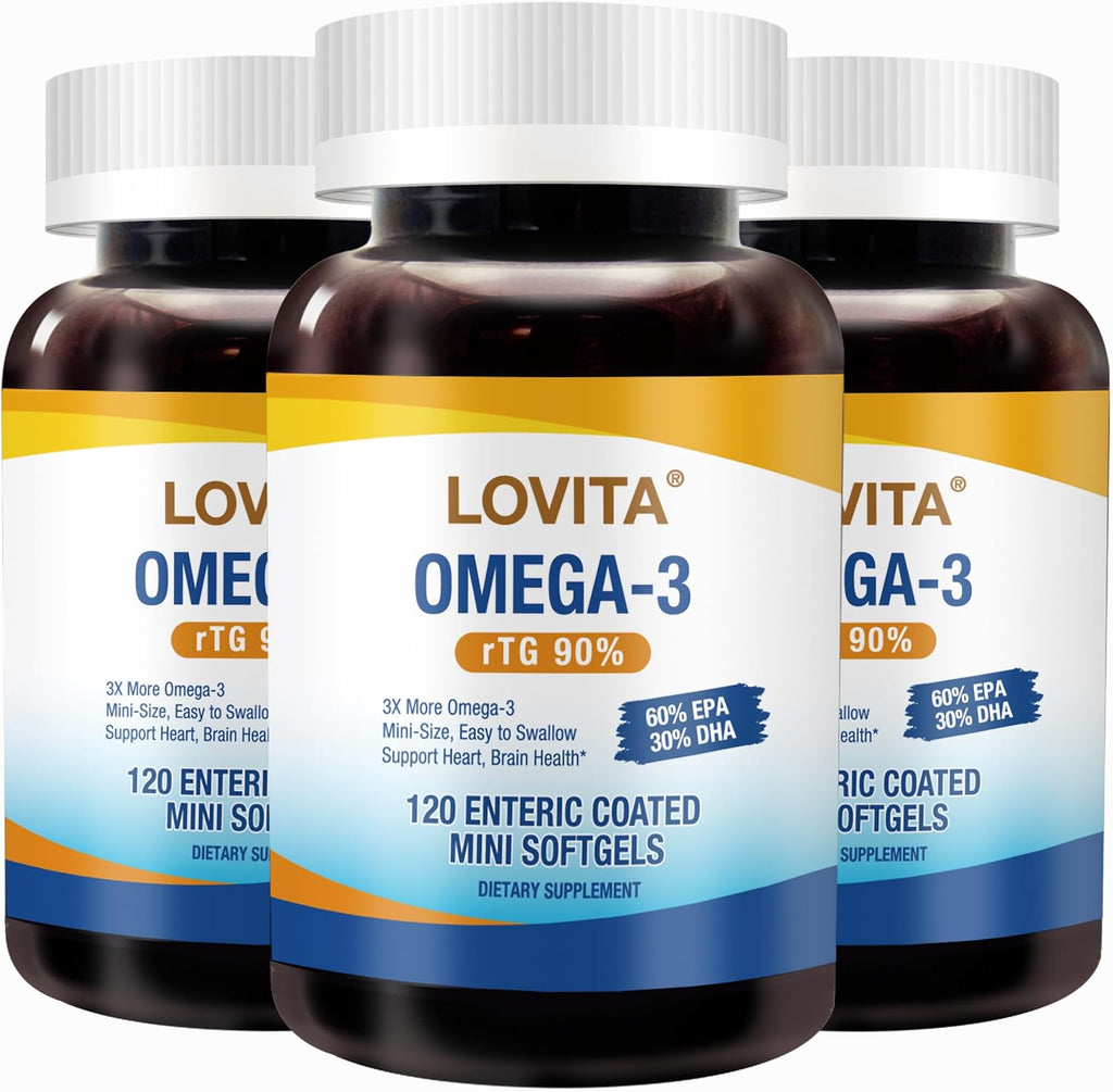 Lovita Omega-3 Fish Oil 2000mg, High Absorption rTG Form with EPA & DHA, 90% Omega-3, Burpless, Easy to Swallow, Supports Heart, Brain & Eye Health, 120 Enteric-Coated Softgels (Pack of 3)