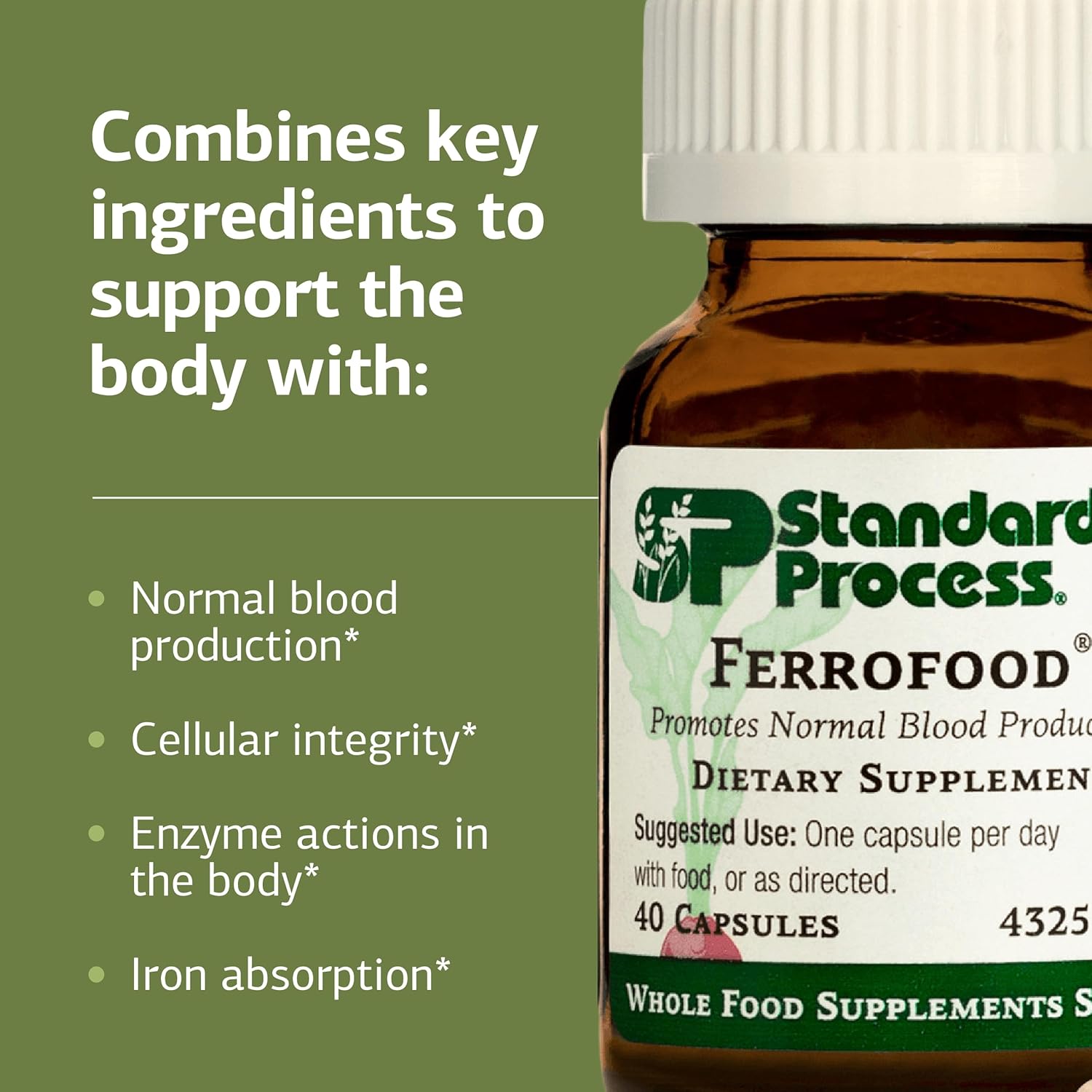 Standard Process Ferrofood - Iron Supplement to Support Normal Blood Production - Aid Iron Absorption with Vitamin C - Health Supplement with Alfalfa, Spanish Moss, Vitamin B12 & More - 40 Capsules