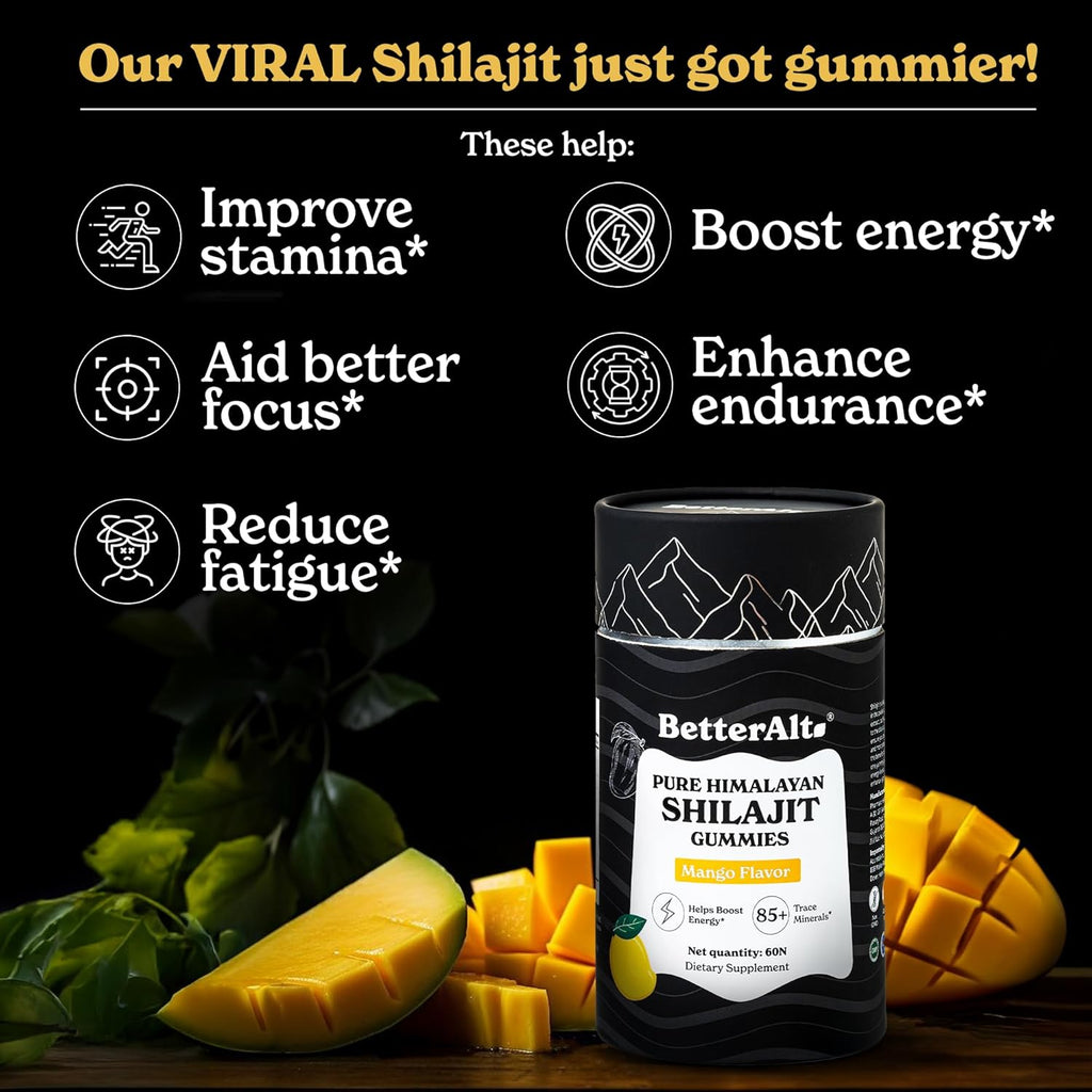Pure Himalayan Shilajit Gummies with Shilajit |High Potency Gold Grade| 60 Gummies for Energy Boost & Immune Support, 75 Percent + Fulvic Acid| Travel Friendly Mango Flavor