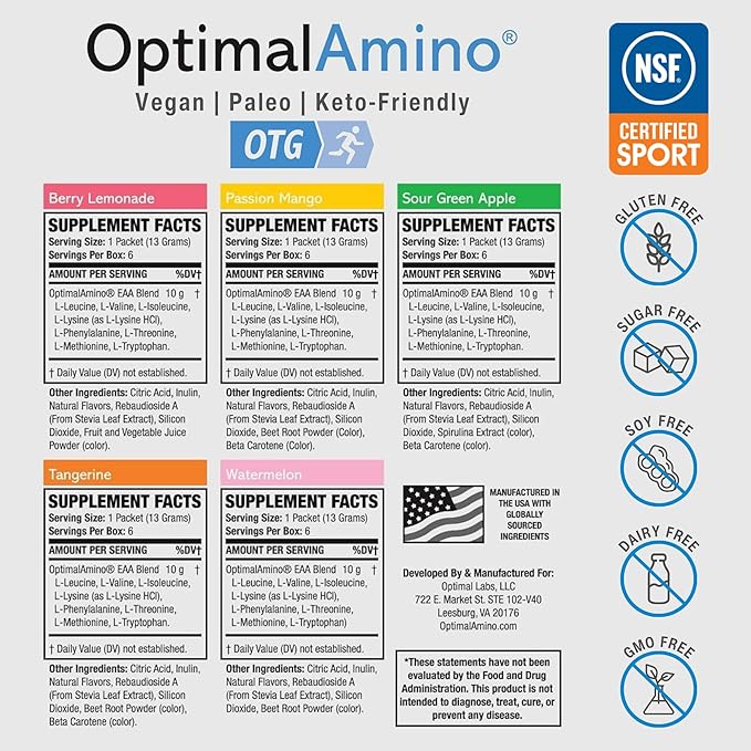 OptimalAmino OTG Stick Packs, 5 Flavor Variety Box (30 Count), 99% Utilized Essential Amino Acid (EAA) Supplement, Increase Muscle Recovery, Vegan/Keto Pre/Post Workout, NSF Certified for Sport