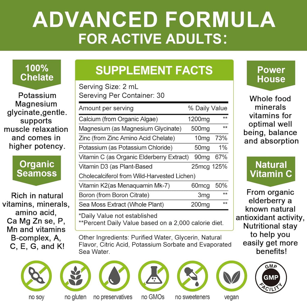 Calcium Magnesium Zinc Liquid with Vitamin D3, Magnesium Glycinate Plus Vitamin C K2| High Absorption Plant Calcium Supplement for Heart & Bone| Gluten Free，Sugar-Free | 60 Servings | Lemon Flavor