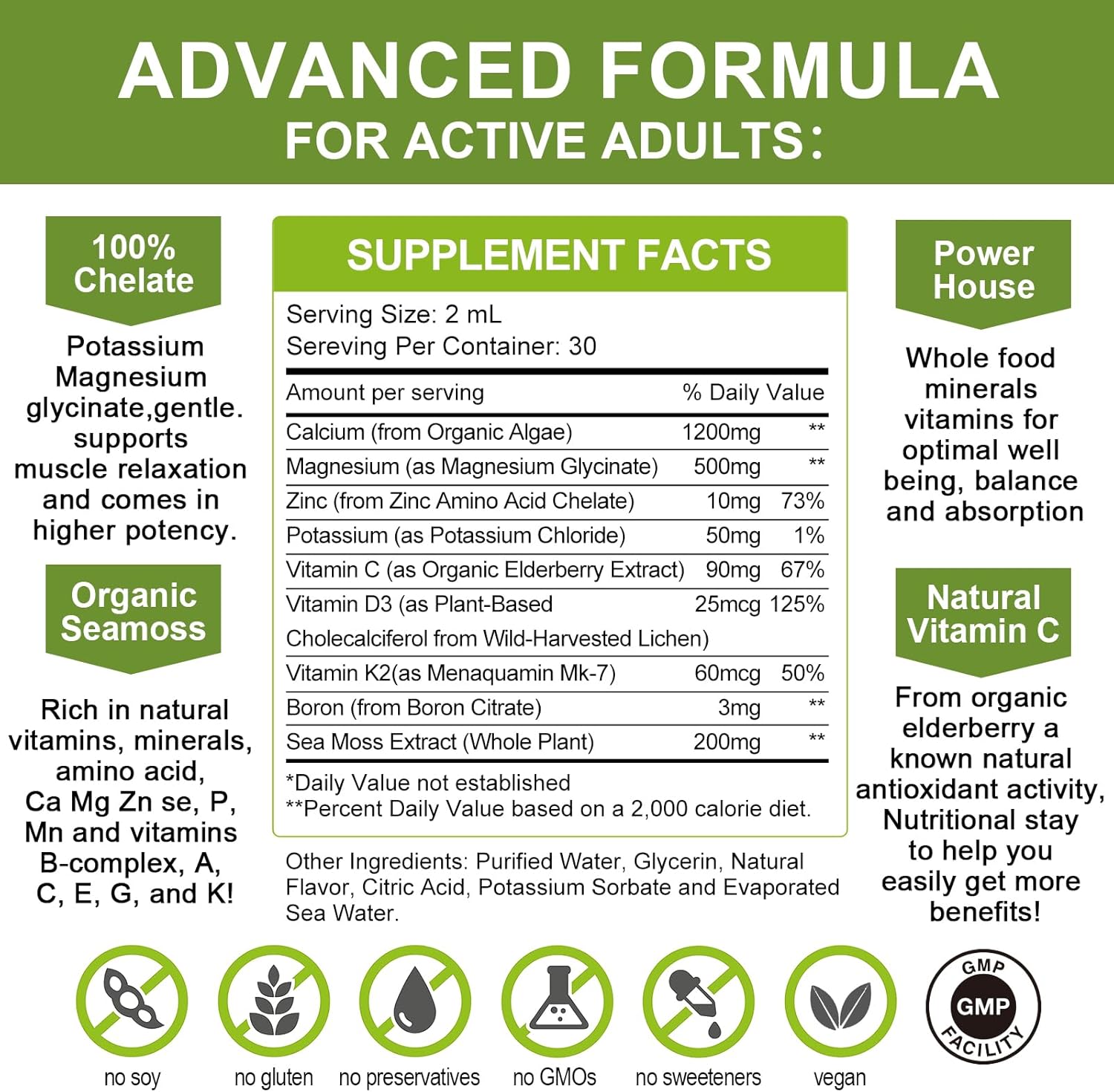 Calcium Magnesium Zinc Liquid with Vitamin D3, Magnesium Glycinate Plus Vitamin C K2| High Absorption Plant Calcium Supplement for Heart & Bone| Gluten Free，Sugar-Free | 60 Servings | Lemon Flavor