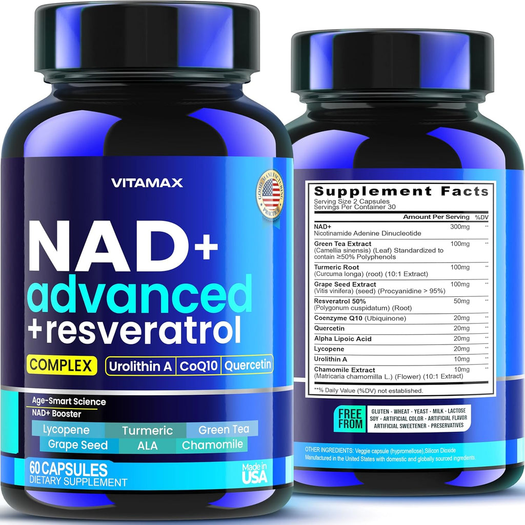 NAD+ Supplement Extra Strength - Liposomal + Resveratrol for Women & Men, CoQ10, Alpha Lipoic Acid, Green Tea, Quercetin, Urolithin A, Lycopene – High Purity Anti-Aging, Energy & Regeneration – 60ct