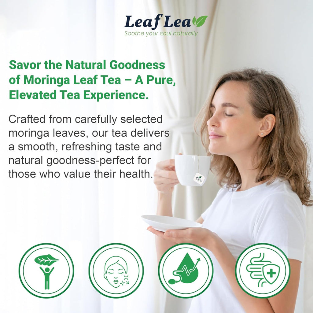 LeafLea 40 Moringa Tea Bags, 100% Natural and Pure Moringa Leaf Herbal Tea, Supports Digestion and Immune Health, Caffeine-Free, Sugar-Free, Vegan, Individually Wrapped for Freshness