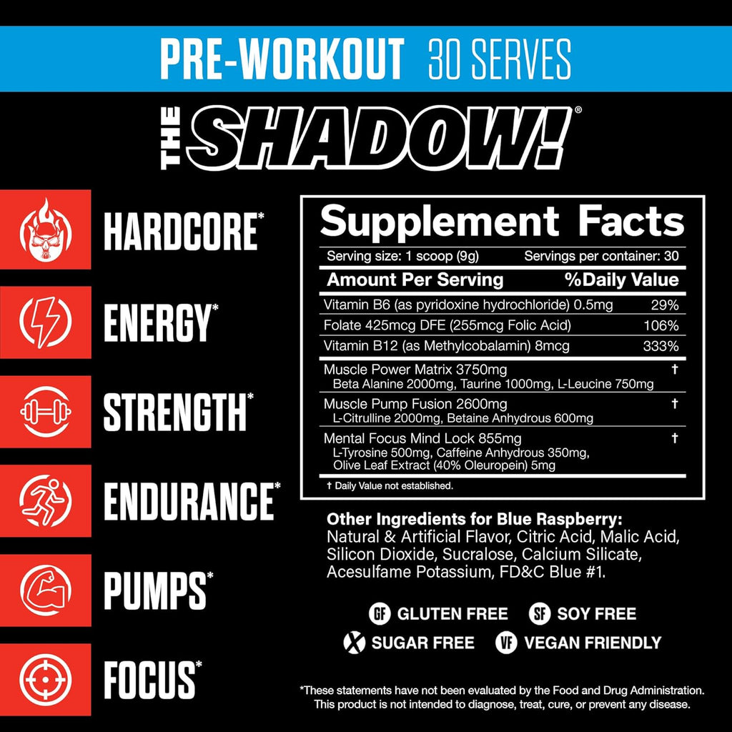 JNX SPORTS The Shadow! 350mg of Caffeine Hard Core Preworkout - Blue Raspberry 30 Servings | Electric Energy, Mental Focus & Superhuman Strength for Men & Women