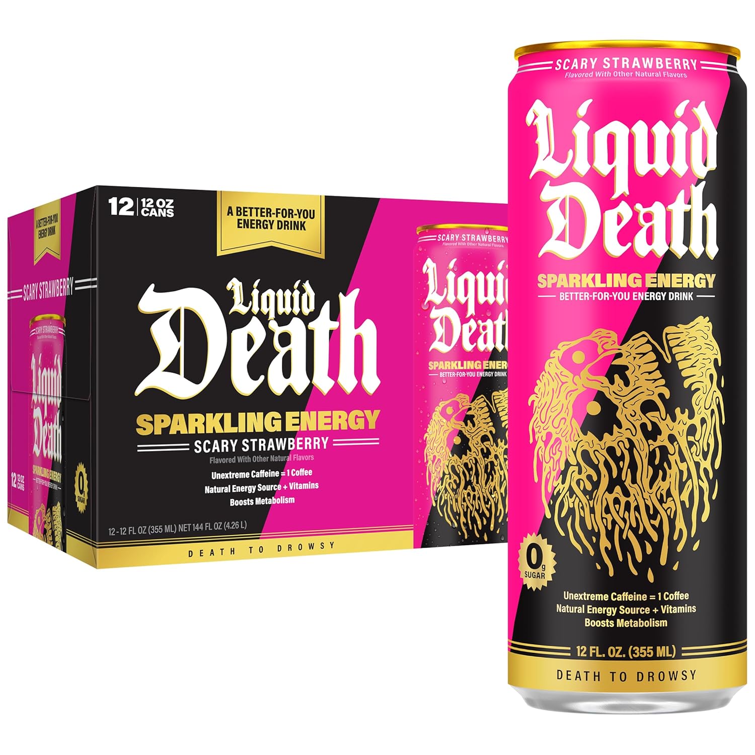 Liquid Death Sparkling Energy - Scary Strawberry (Strawberry and Lemon Flavor), Sugar-Free Energy Drink, Unextreme Caffeine 100mg, Essential Vitamins, 12 Fl Oz (Pack of 12)