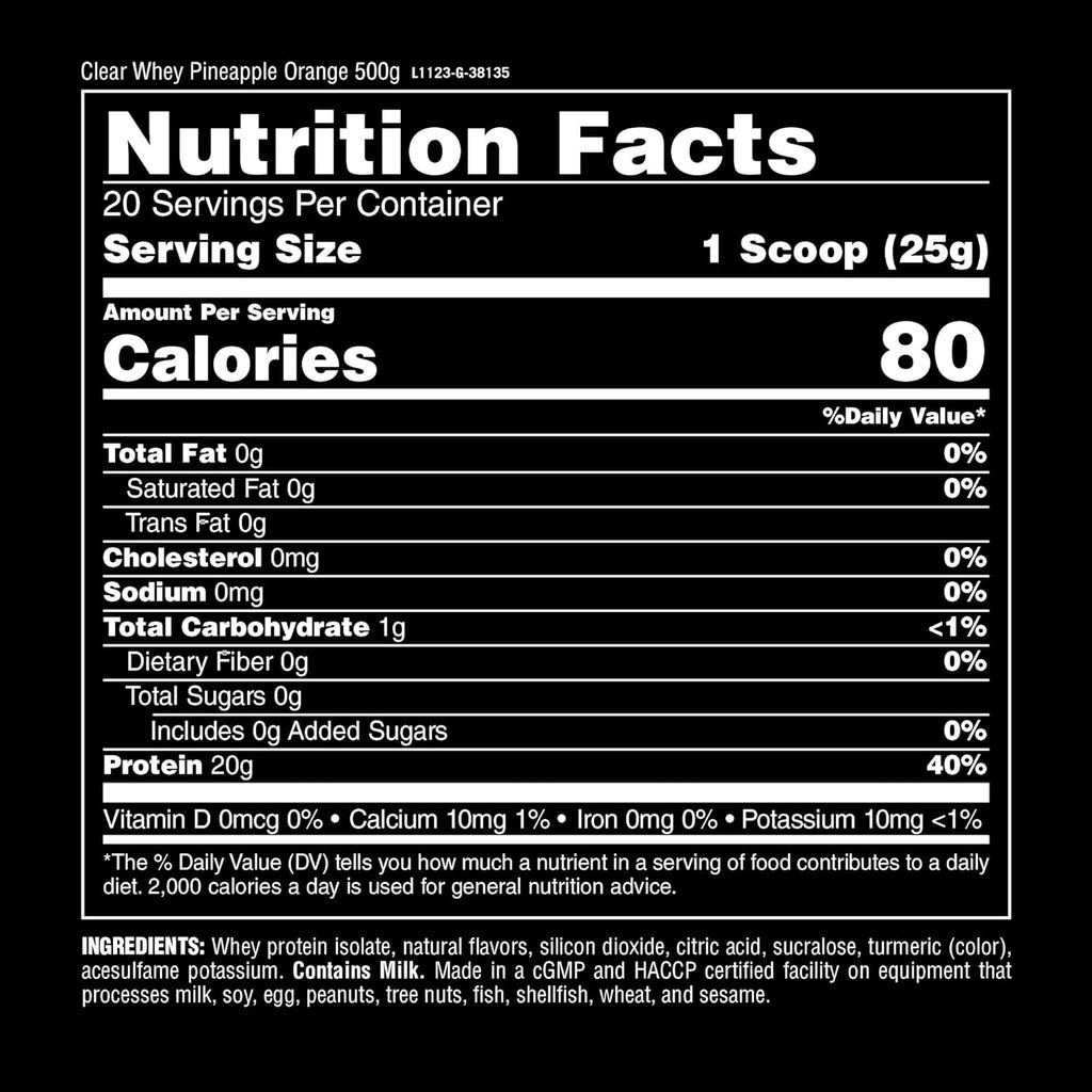 Clear Whey Isolate Protein Powder - Easy to Digest and Mix, 5g BCAA, Deliciously Juicy, Refreshing Anytime Drink for Men and Women, Pineapple Orange 500g (20 Servings)