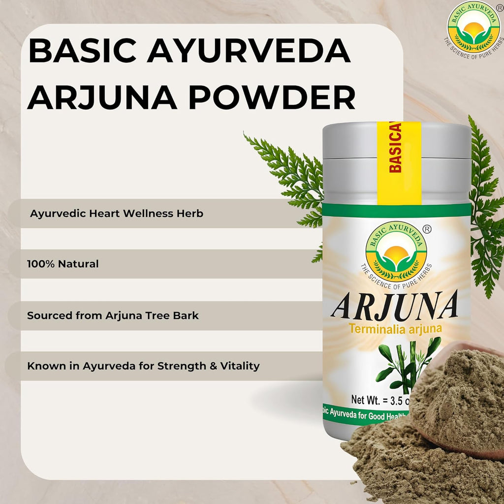 BASIC AYURVEDA Arjuna Bark Powder (Terminalia Arjuna) | Traditionally Used for Heart & Vitality Support | Pure & Natural | Non-GMO, Gluten-Free | 3.53 Oz (100g)
