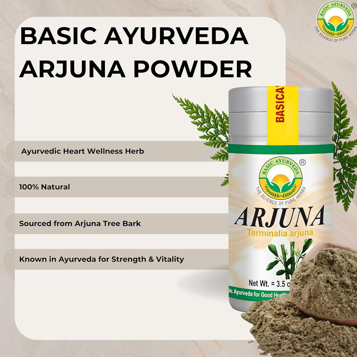 BASIC AYURVEDA Arjuna Bark Powder (Terminalia Arjuna) | Traditionally Used for Heart & Vitality Support | Pure & Natural | Non-GMO, Gluten-Free | 3.53 Oz (100g)