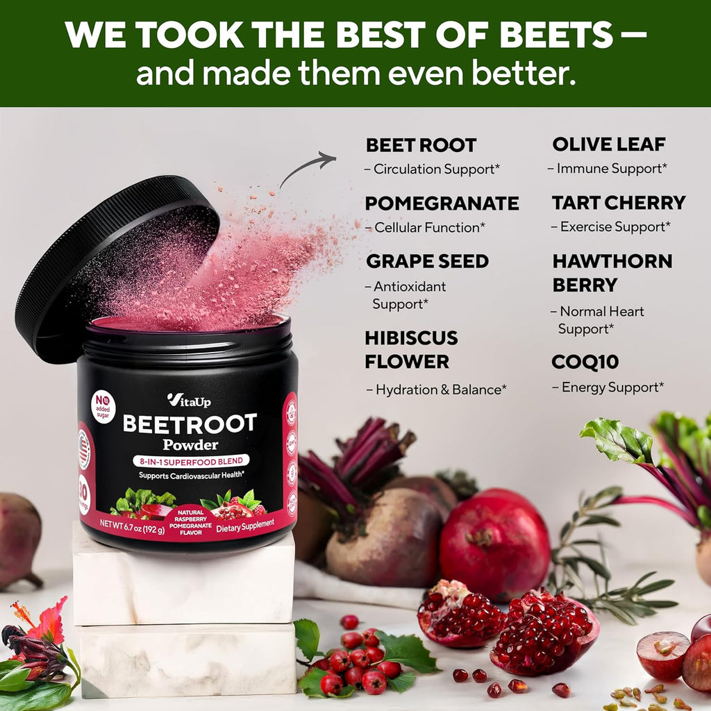 Beet Root Powder 8 in 1 - USA Made Beets Supplements with Grape Seed, Hawthorn, Coq10 – Beetroot Powder for Energy & Circulation Support – Non-GMO & Vegan - Mixed Berry Flavor - 30 Servings