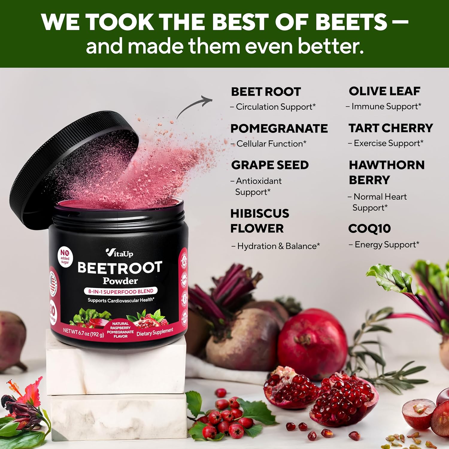 Beet Root Powder 8 in 1 - USA Made Beets Supplements with Grape Seed, Hawthorn, Coq10 – Beetroot Powder for Energy & Circulation Support – Non-GMO & Vegan - Mixed Berry Flavor - 30 Servings