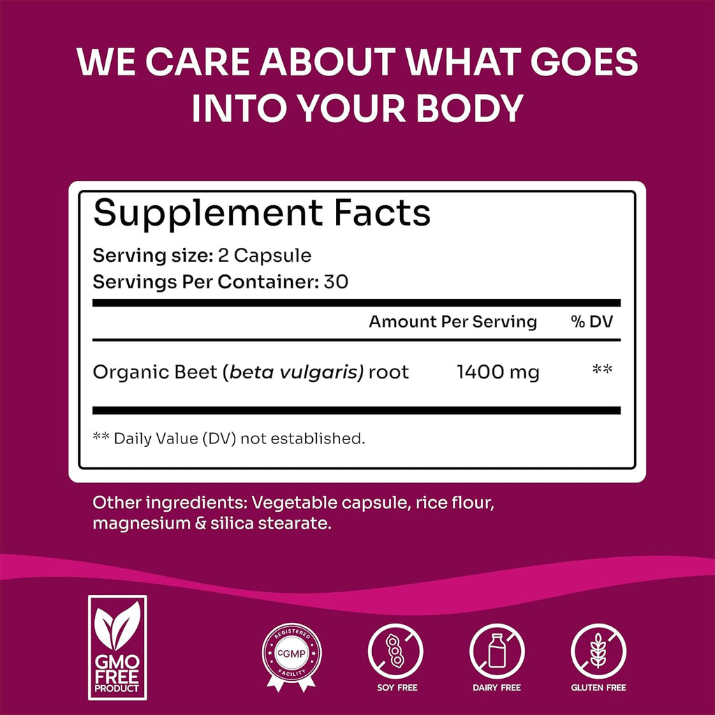 Organic Beet Root Capsules - 1400mg Beetroot Powder for Natural Energy & Endurance Support, Non-GMO, Made in The USA, Beet Supplement - 60 Capsules, 30-Day Supply