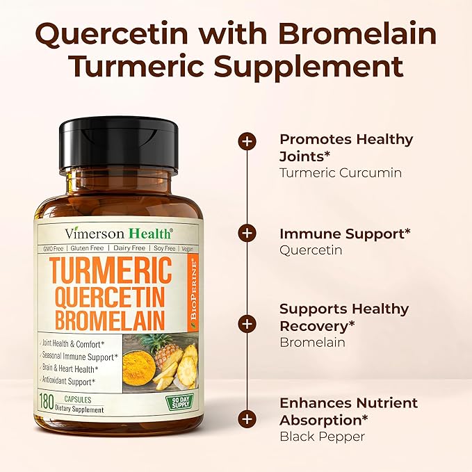 Quercetin with Bromelain Turmeric Curcumin Supplement – Allergy Relief, Immune & Joint Support – Organic Turmeric Supplement w/Bioperine for Enhanced Absorption, Quercetin 500mg Capsules 2 Pack