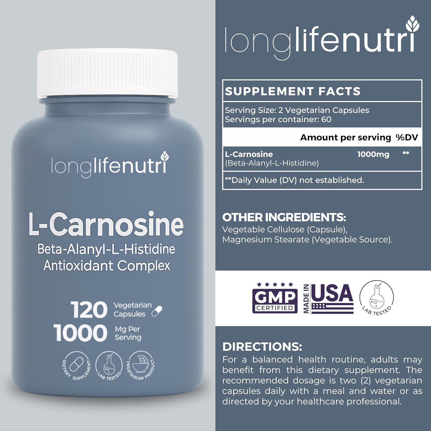 L-Carnosine 1000mg - Beta-Alanyl-L-Histidine Supplement for Cellular Energy & Brain Clarity, 120 Vegetarian Capsules, 2-Month Supply, GMP Certified, Made in USA