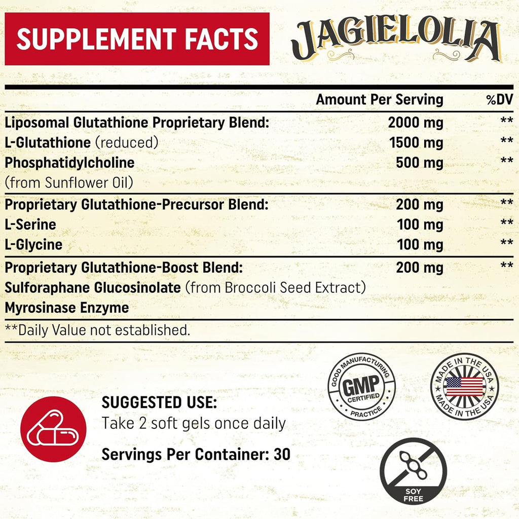 Liposomal Glutathione 2000 mg with L-Serine, L-Glycine & Sulforaphane – Active L-Glutathione Unique Formulation to Enhance Absorption - Master Antioxidant, Detoxifying & Immune | 180 Softgels