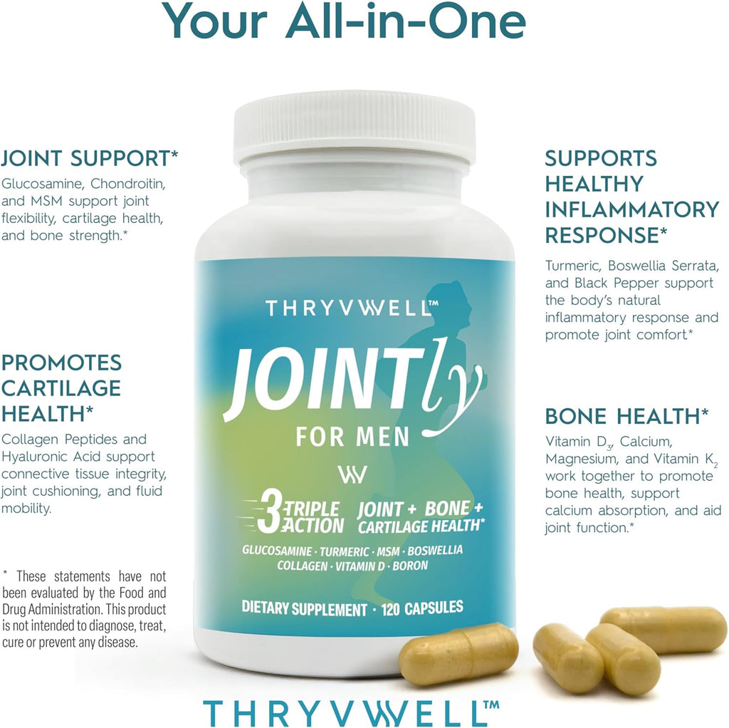 Jointly for Men – Joint Bone & Cartilage Supplement – Glucosamine Chondroitin MSM Turmeric Boswellia Collagen Vitamin D Calcium Hyaluronic Acid Magnesium & Boron – 120 Capsules