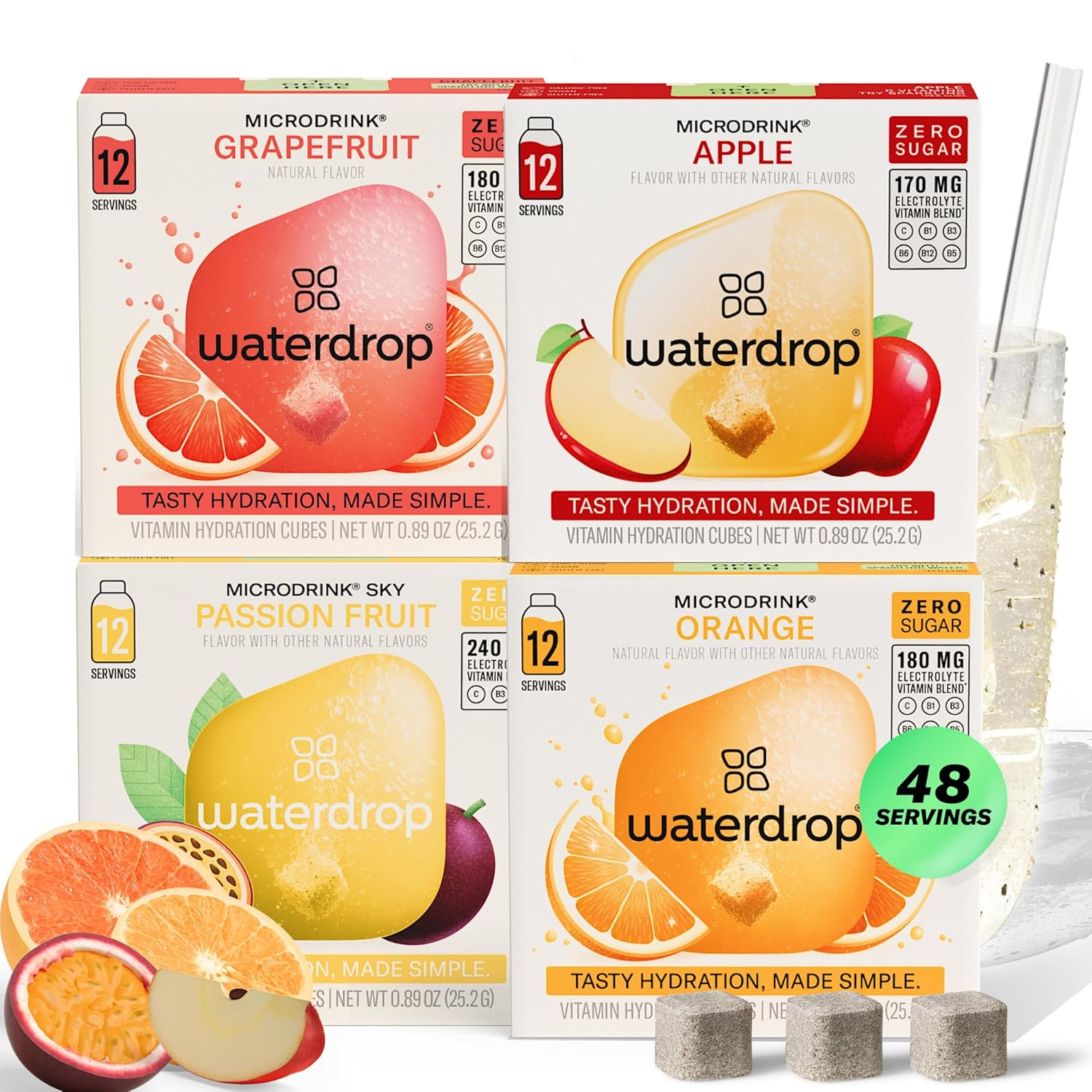 Waterdrop Hydration Cubes With Vitamin C, B Vitamins and Electrolytes, 4 Flavor Electrolyte Variety Pack, Flavored Water Enhancer Cubes for Still & Sparkling Water, Low Calorie, Sugar Free, 48 Count