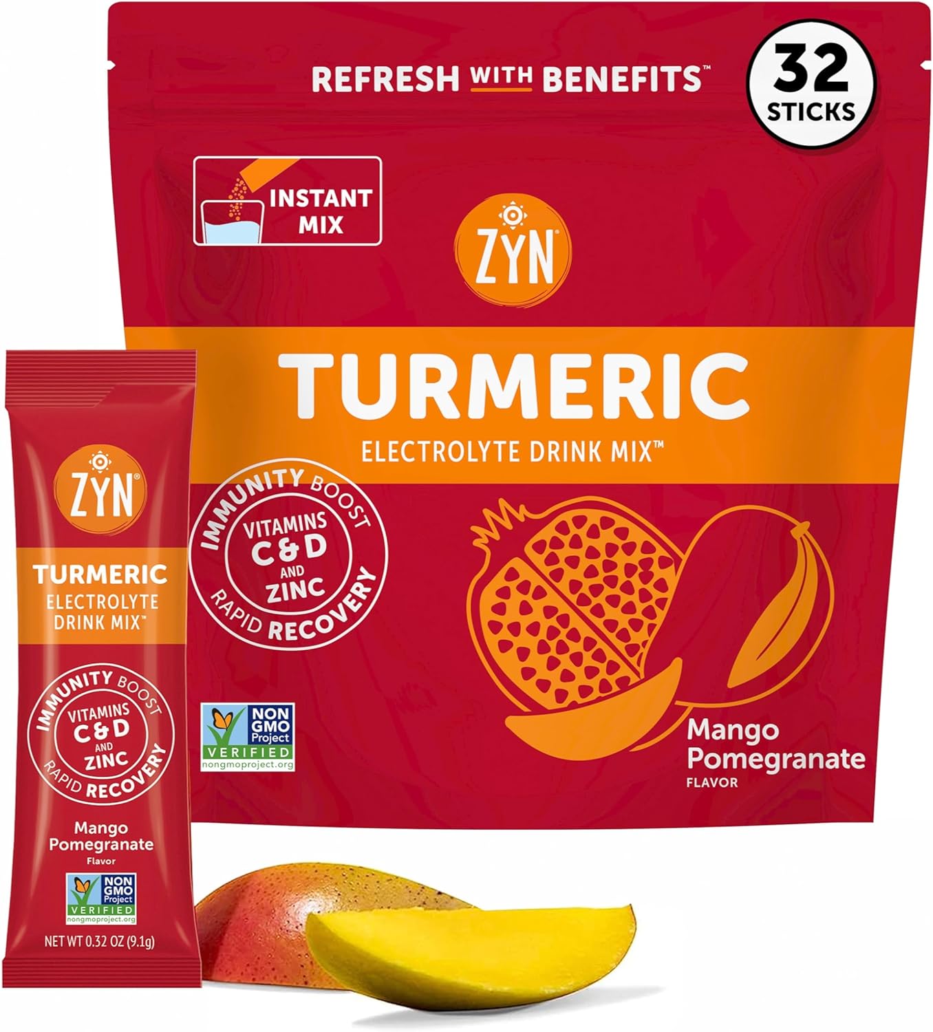 ZYN Electrolyte Drink Mix Hydration Packets, Mango Pomegranate Electrolytes Powder, Pack of 32
