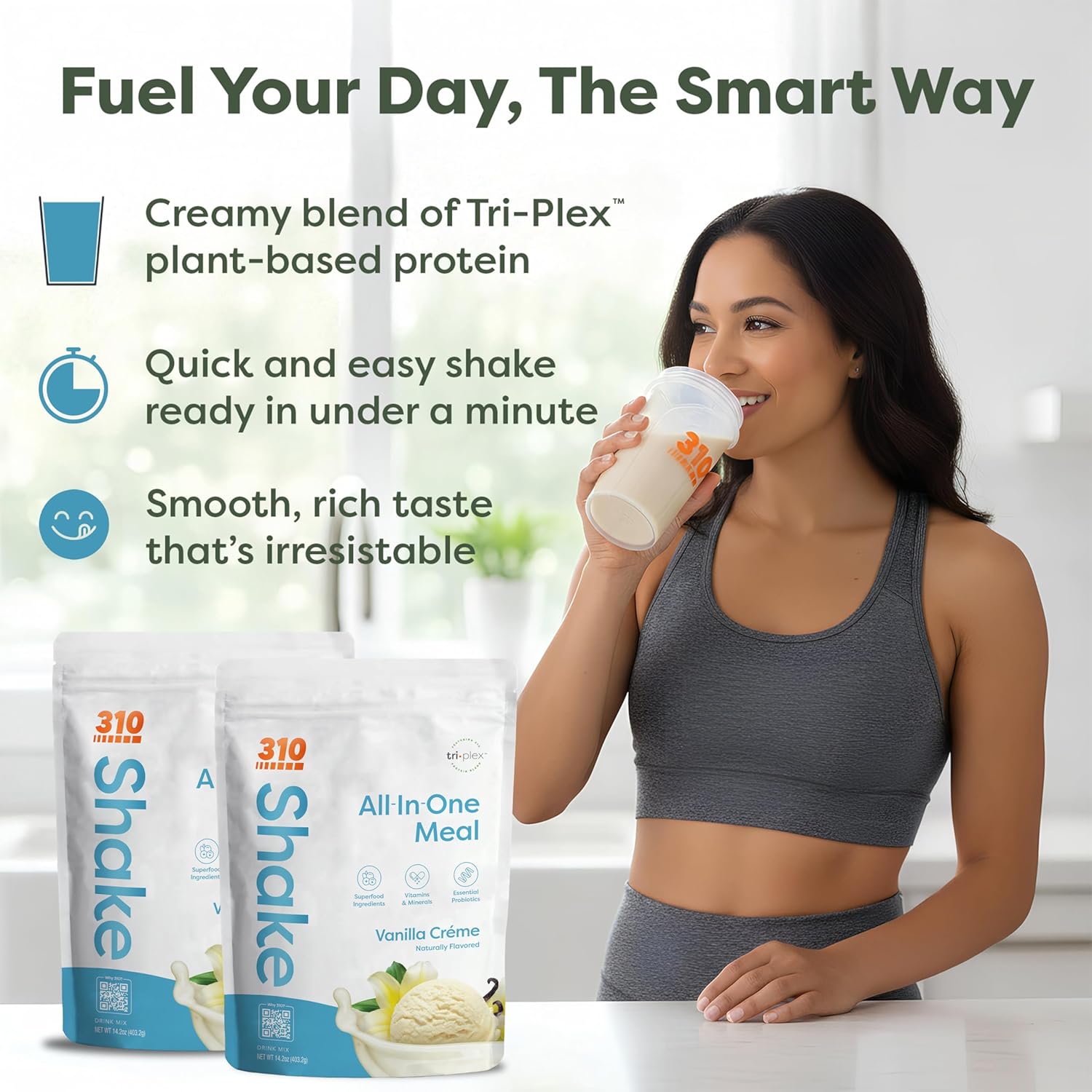310 Nutrition All-In-One Meal Replacement Shake Powder - Plant-Based Protein Smoothie Blend w/High Fiber, Probiotics & Adaptogens - Low Carb, Vegan, Keto & Paleo Friendly - Vanilla Creme - 14 Srv